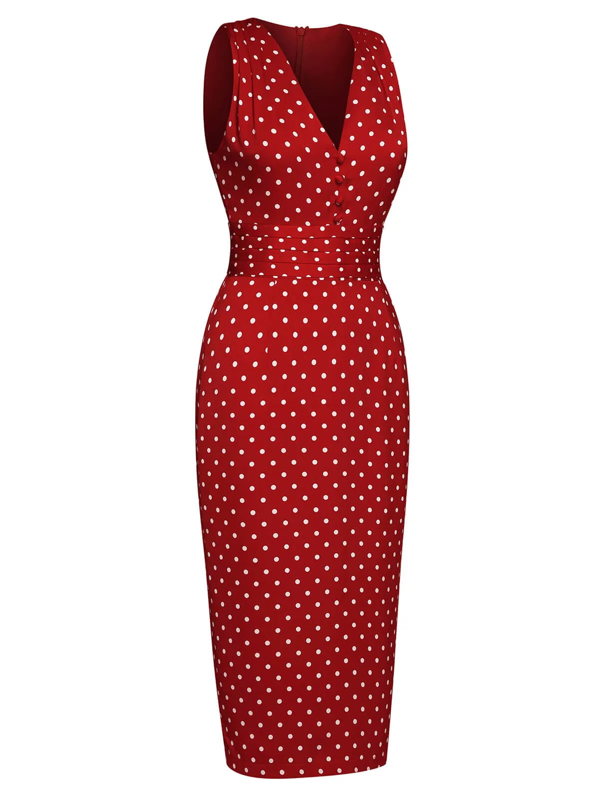 Red 1960s Dots V-Neck Pencil Dress