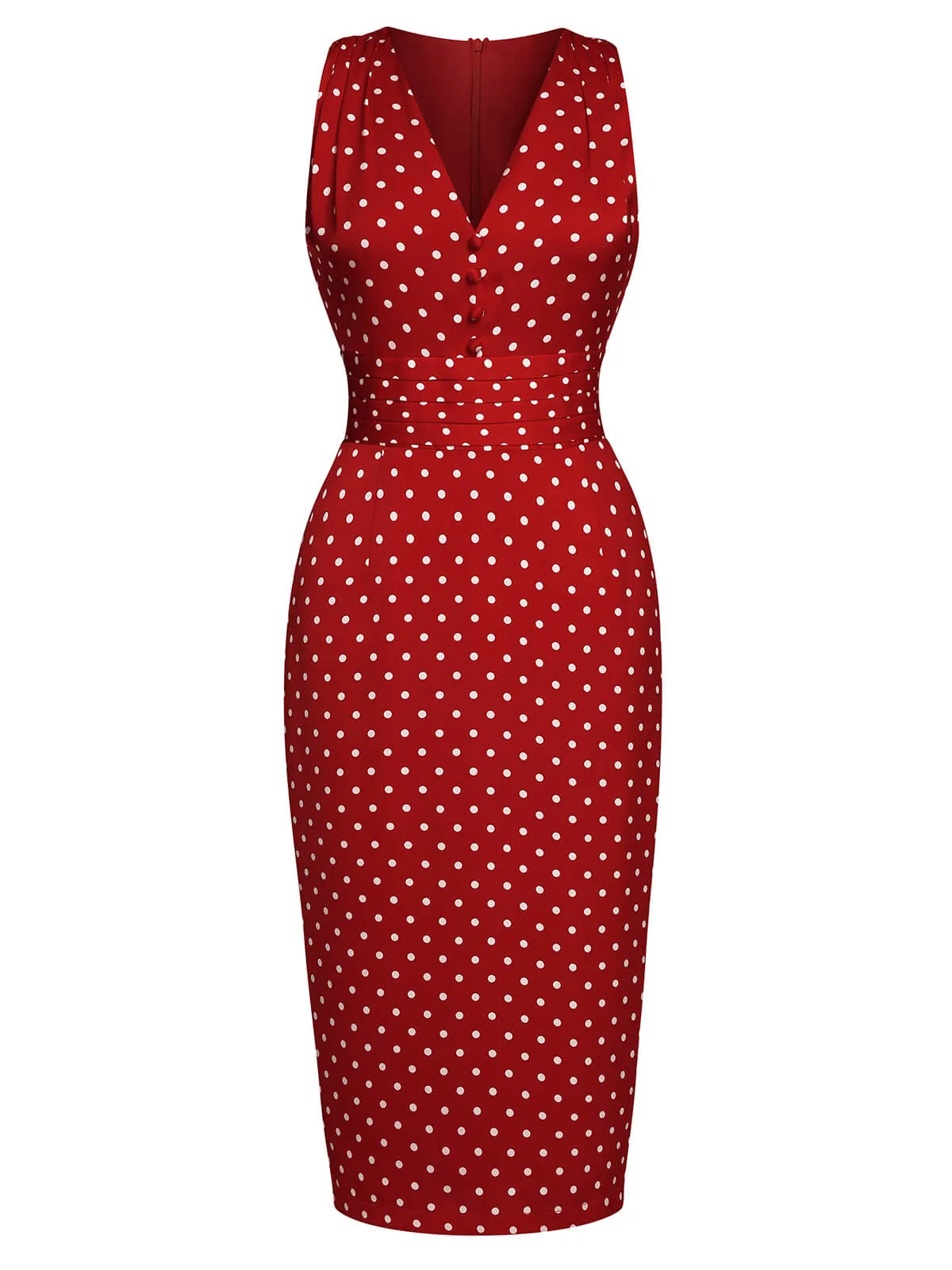 Red 1960s Dots V-Neck Pencil Dress