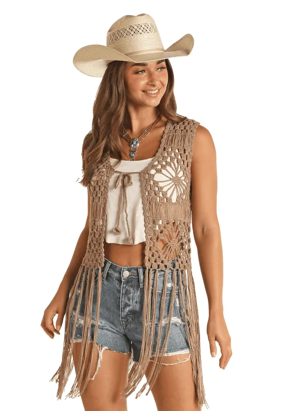 Rock & Rock Cowgirl Women’s Taupe Crochet Vest RRWT38R0ZGTP