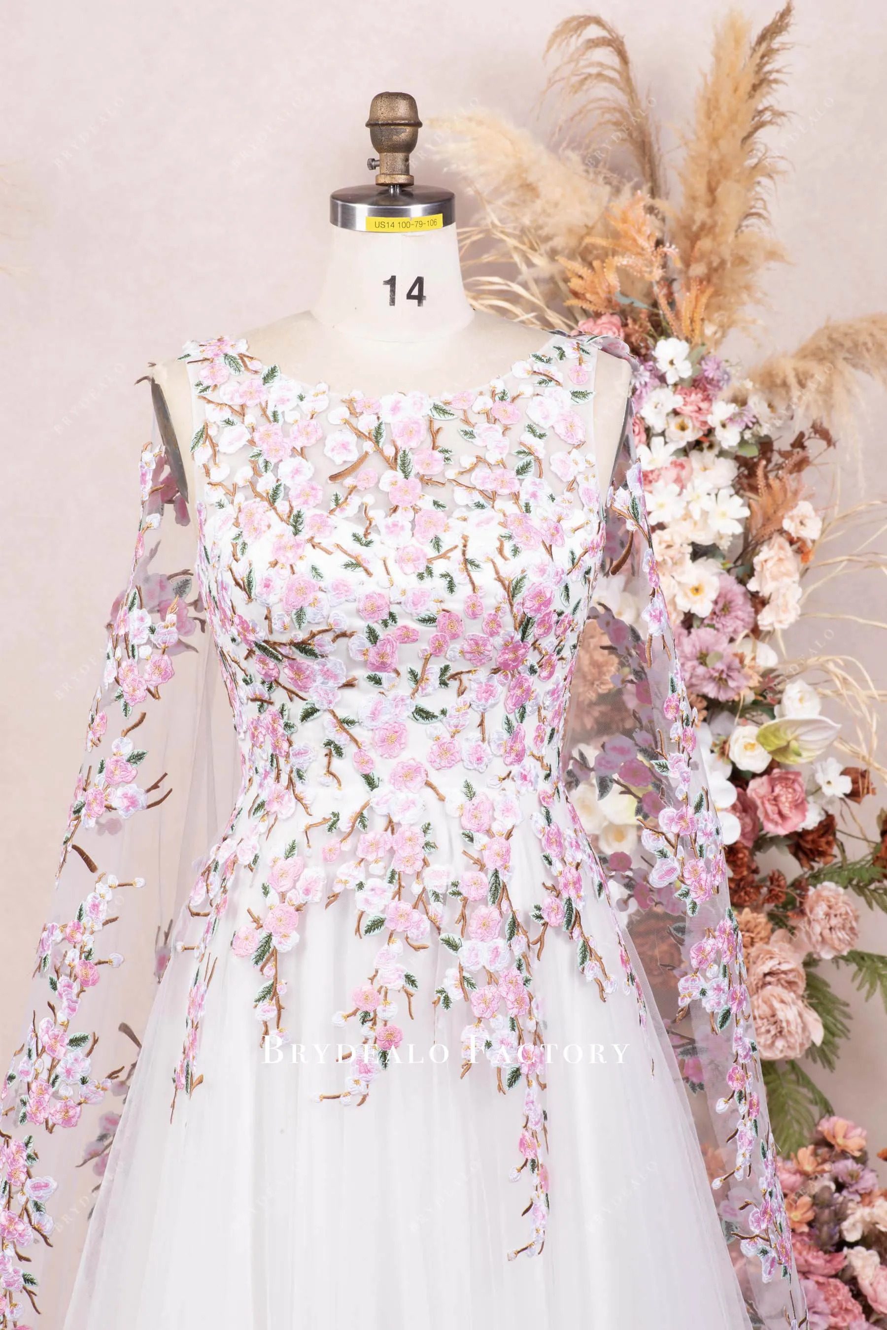 Romantic Pink Flower Cape A-line Spring Wedding Dress