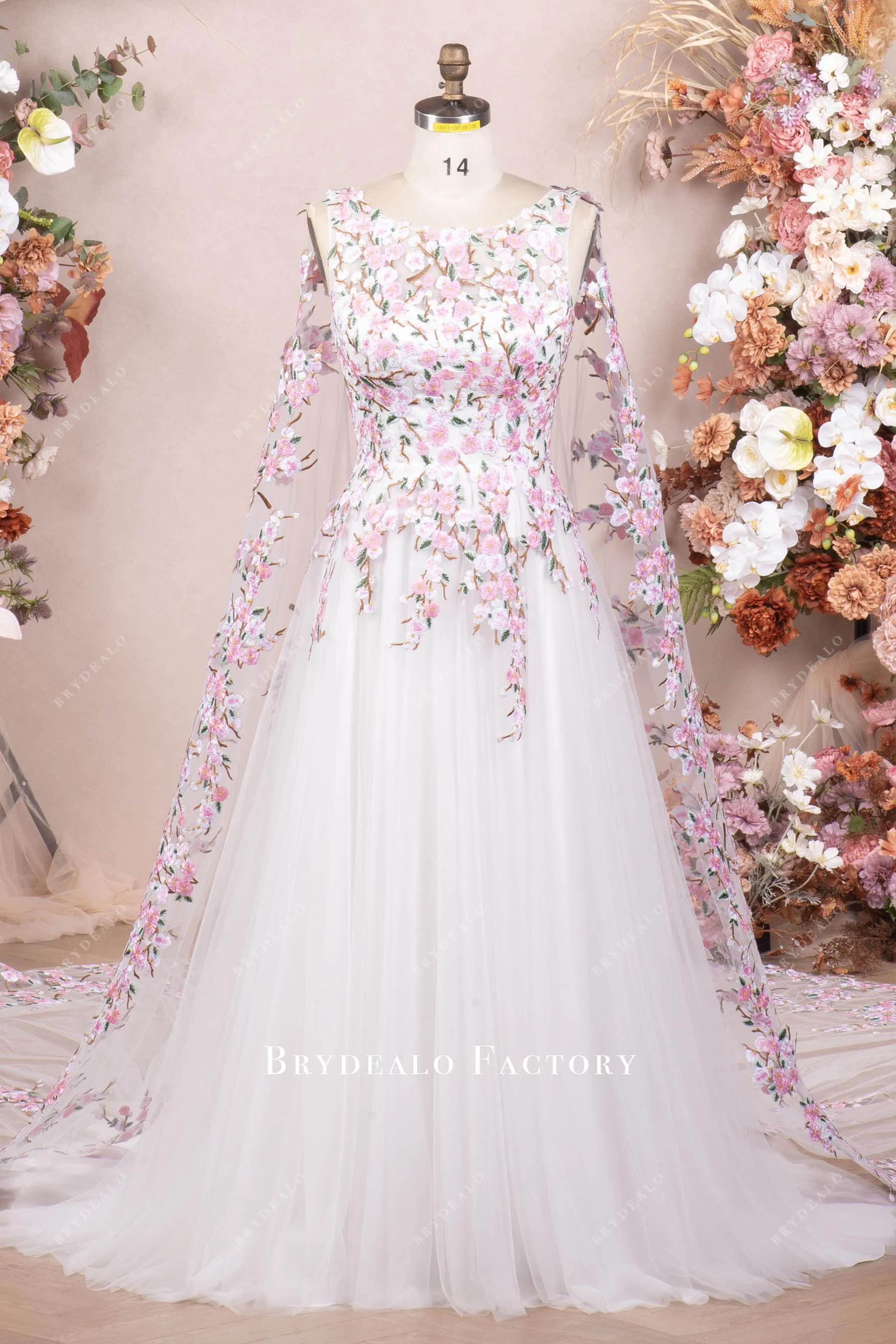 Romantic Pink Flower Cape A-line Spring Wedding Dress