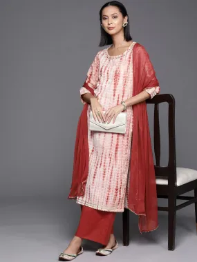 Rust & White Cotton Leheriya Print Suit Set with Silk Chiffon Dupatta