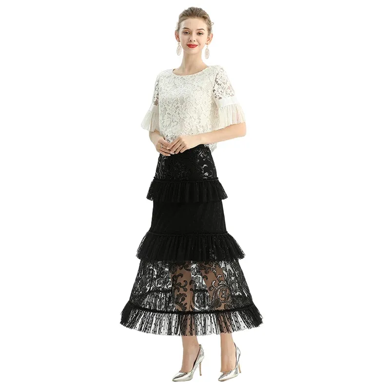 S138 Women sequin bead embellishment Swiss dot tiered ruffle long evening skirt