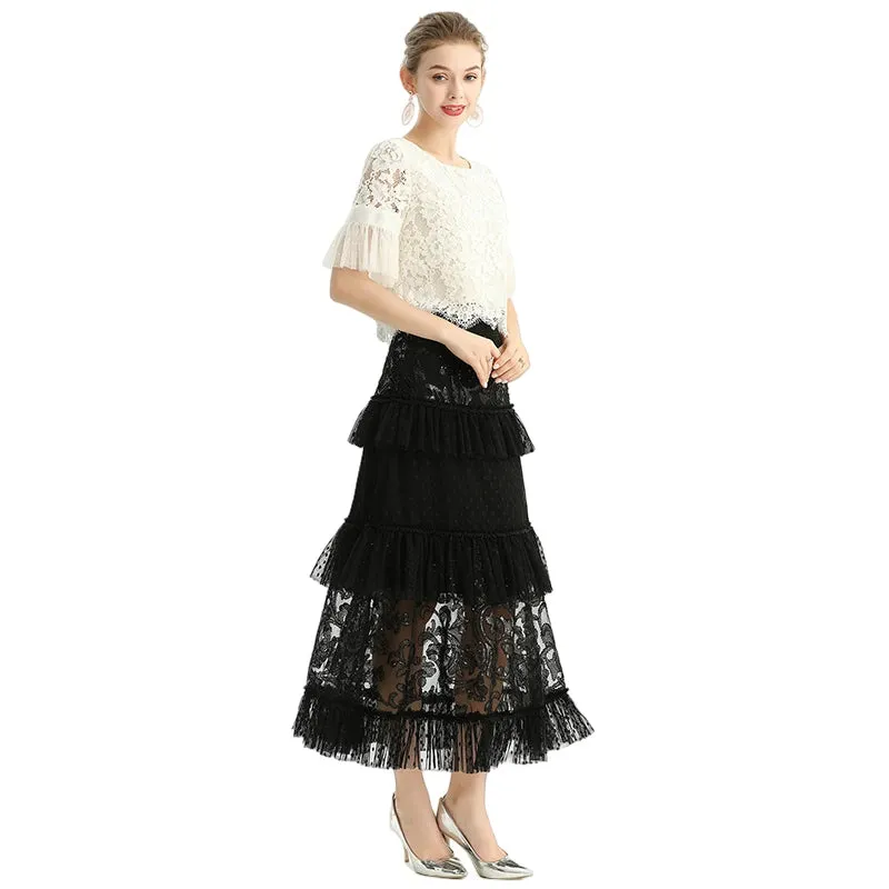 S138 Women sequin bead embellishment Swiss dot tiered ruffle long evening skirt