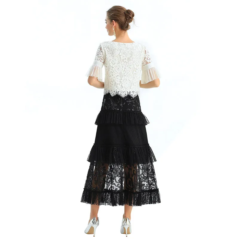 S138 Women sequin bead embellishment Swiss dot tiered ruffle long evening skirt