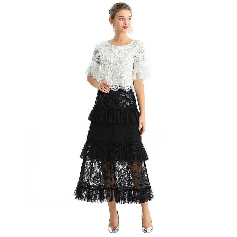 S138 Women sequin bead embellishment Swiss dot tiered ruffle long evening skirt