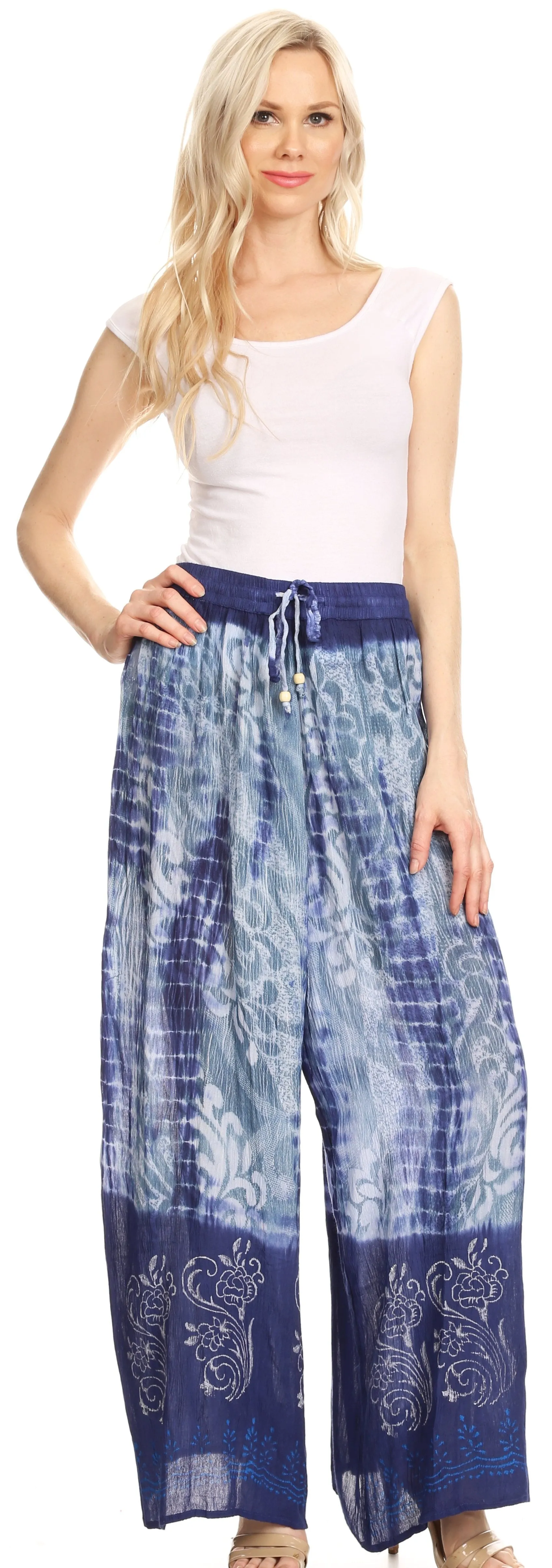 Sakkas Aline Tie-dye Wide-leg Palazzo Pants with Adjustable Waistband