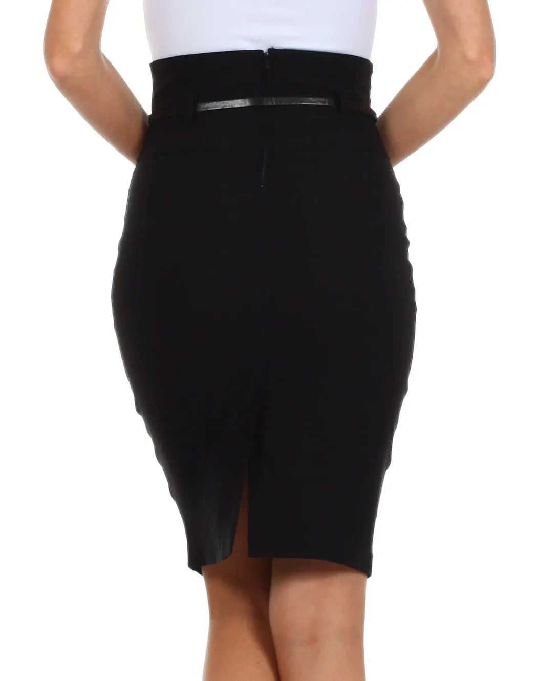 Sakkas High Waist Stretch Pencil Skirt with Metallic Bow Skinny Belt