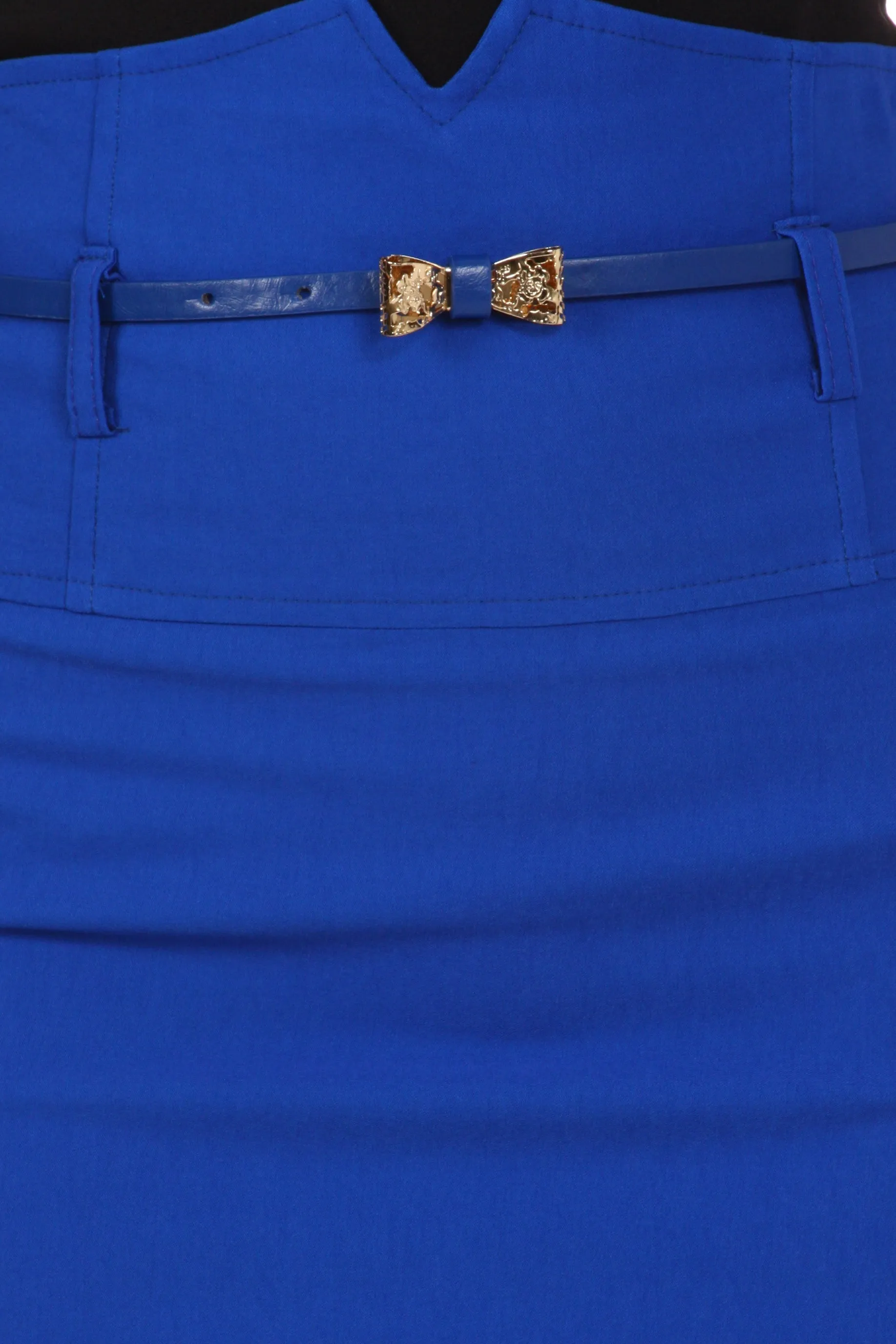 Sakkas High Waist Stretch Pencil Skirt with Metallic Bow Skinny Belt