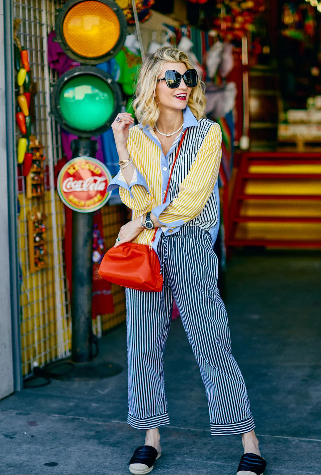 SAMPLE - Mel Mixed Button Down Shirt - Yellow Stripe