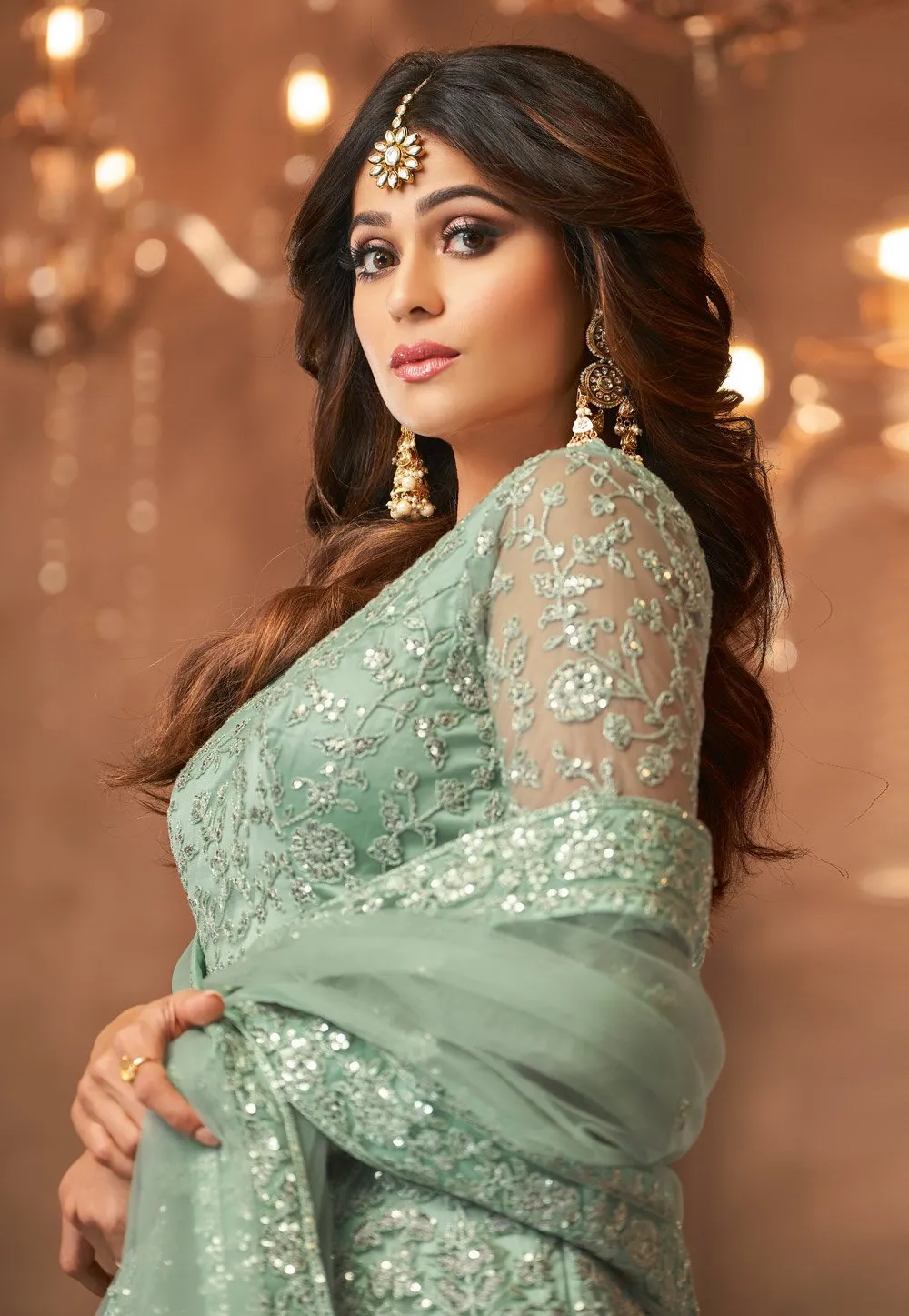 Seafoam Green Shamita Shetty Net Wedding Anarkali Suit