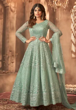 Seafoam Green Shamita Shetty Net Wedding Anarkali Suit