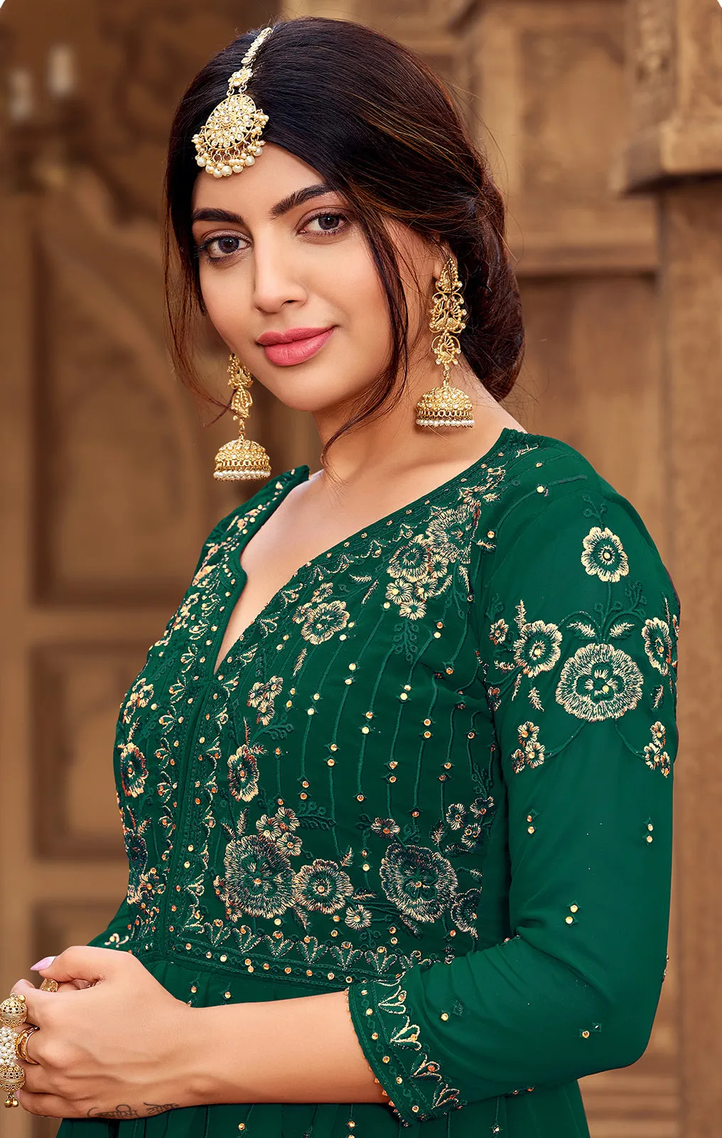 Sharara Set in Bottle Green Beautifully Embroidered Suit