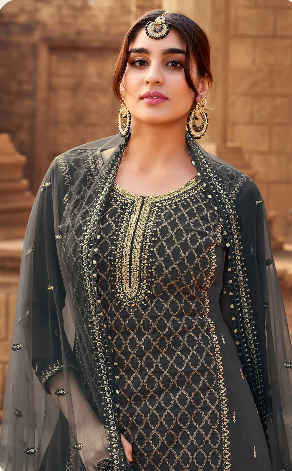 Sharara Set in Grey Beautifully Embroidered Suit