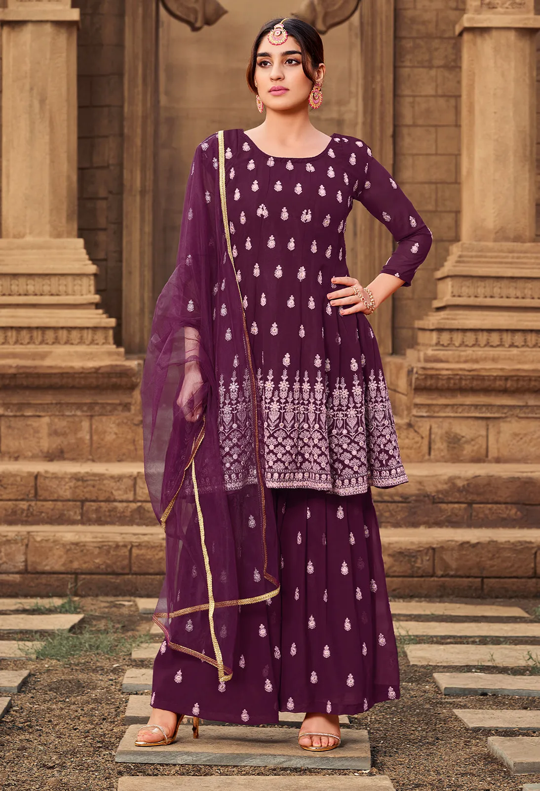 Sharara Set in Plum Wine Beautifully Embroidered Suit