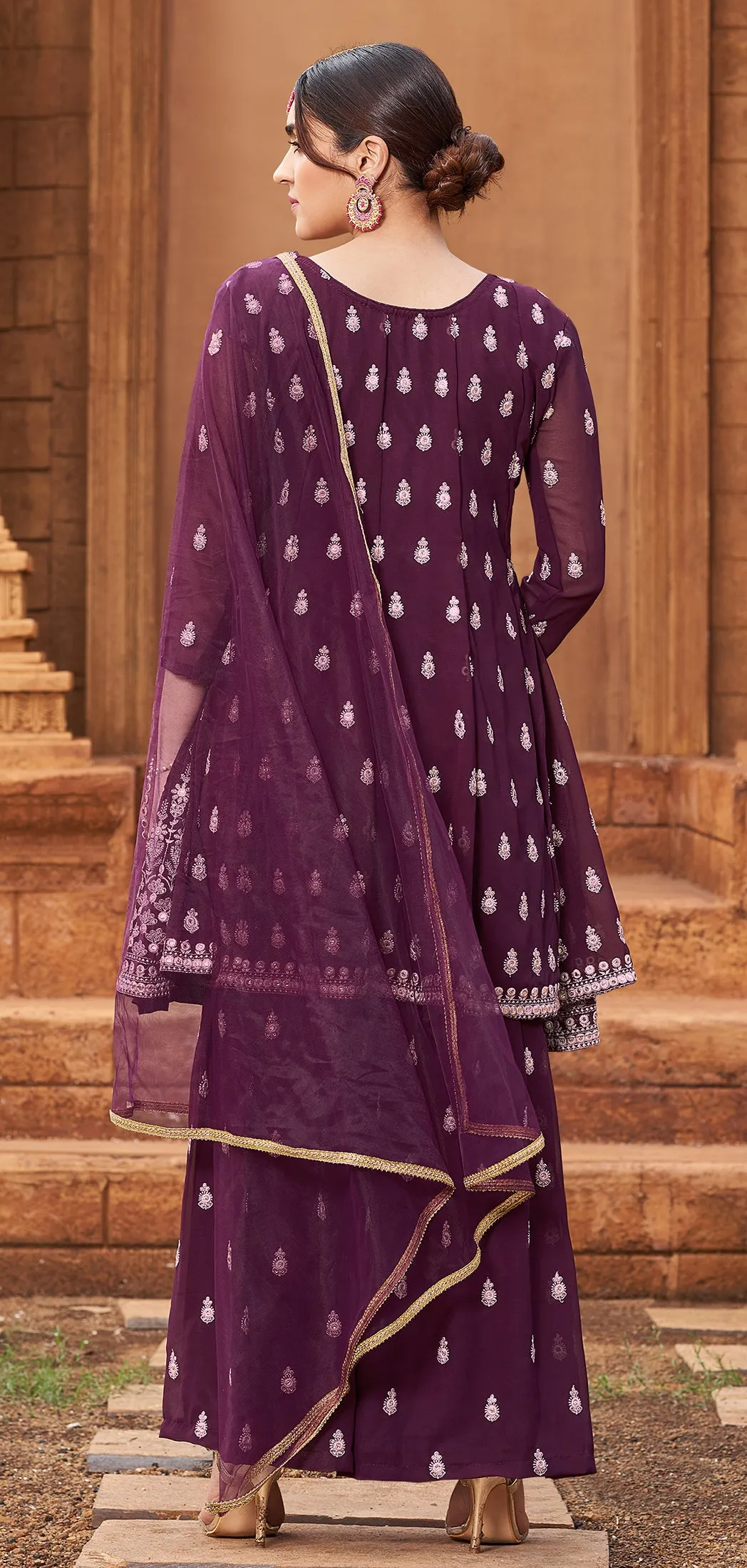 Sharara Set in Plum Wine Beautifully Embroidered Suit