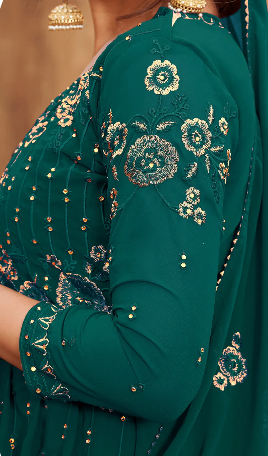 Sharara Set in Teal Green Beautifully Embroidered Suit