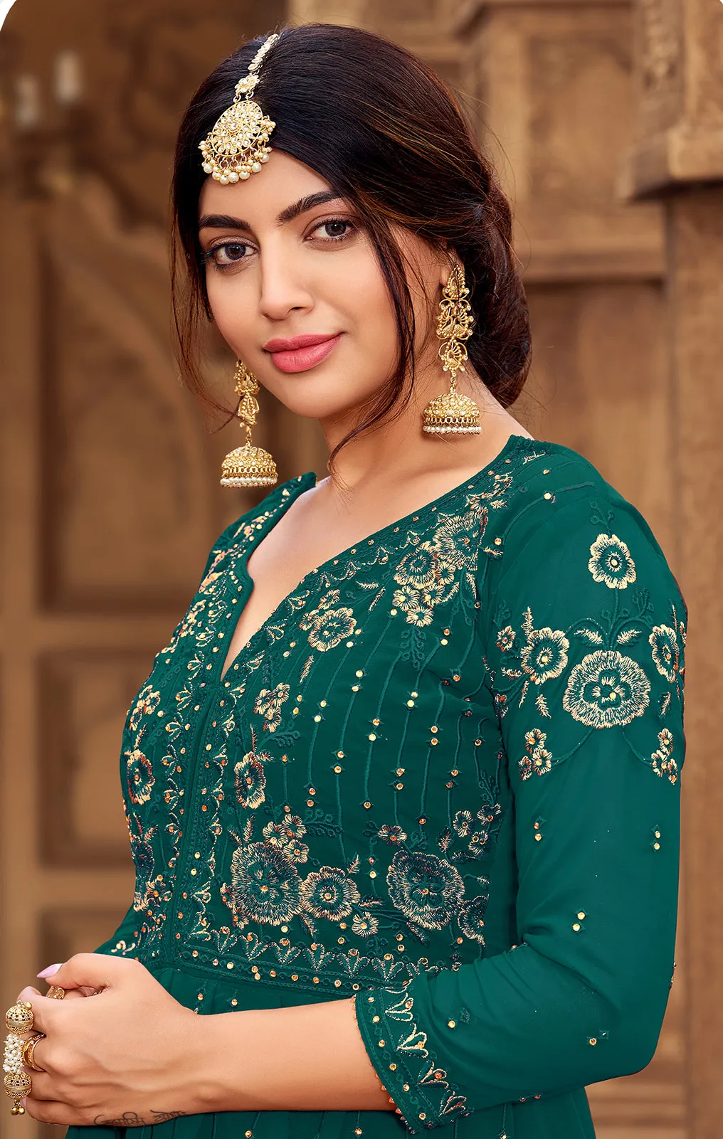 Sharara Set in Teal Green Beautifully Embroidered Suit