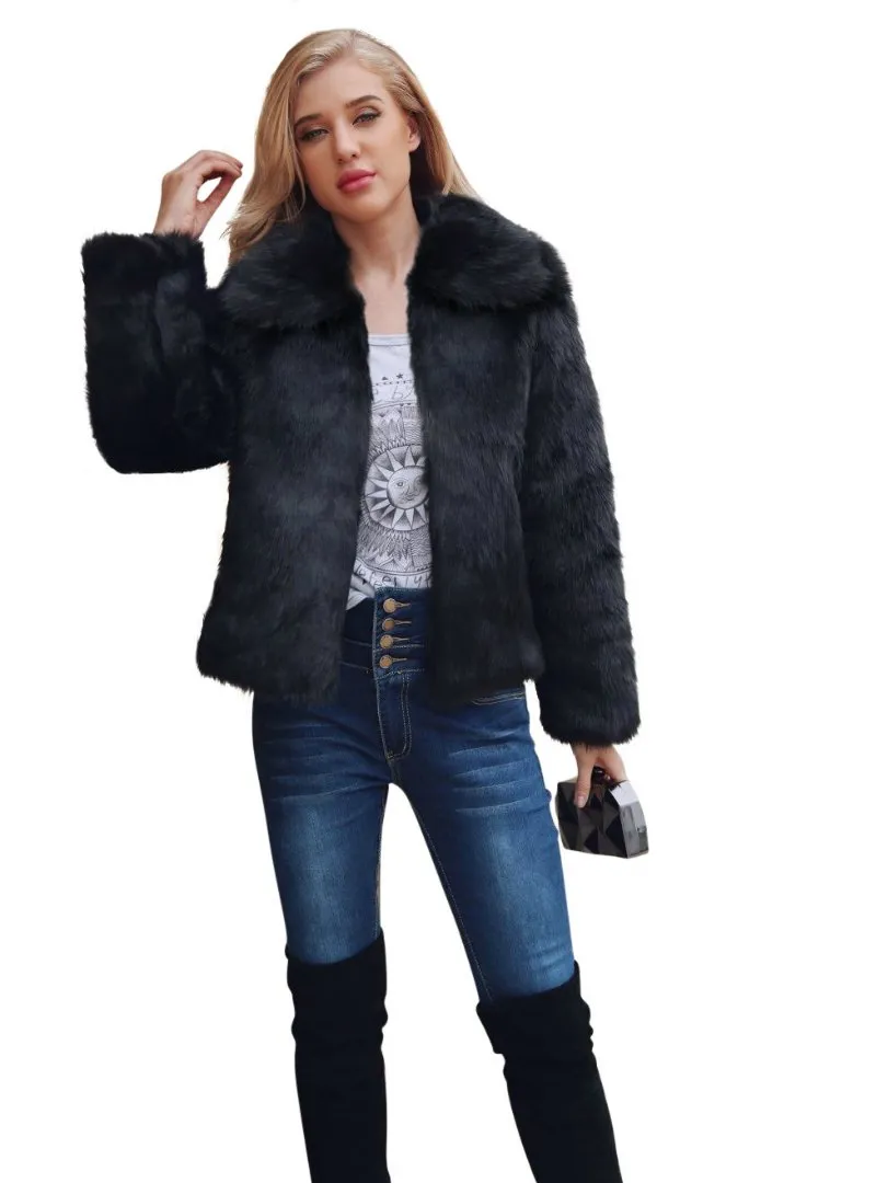 Short Lapel Coat Women'S Long Sleeve Faux Fur