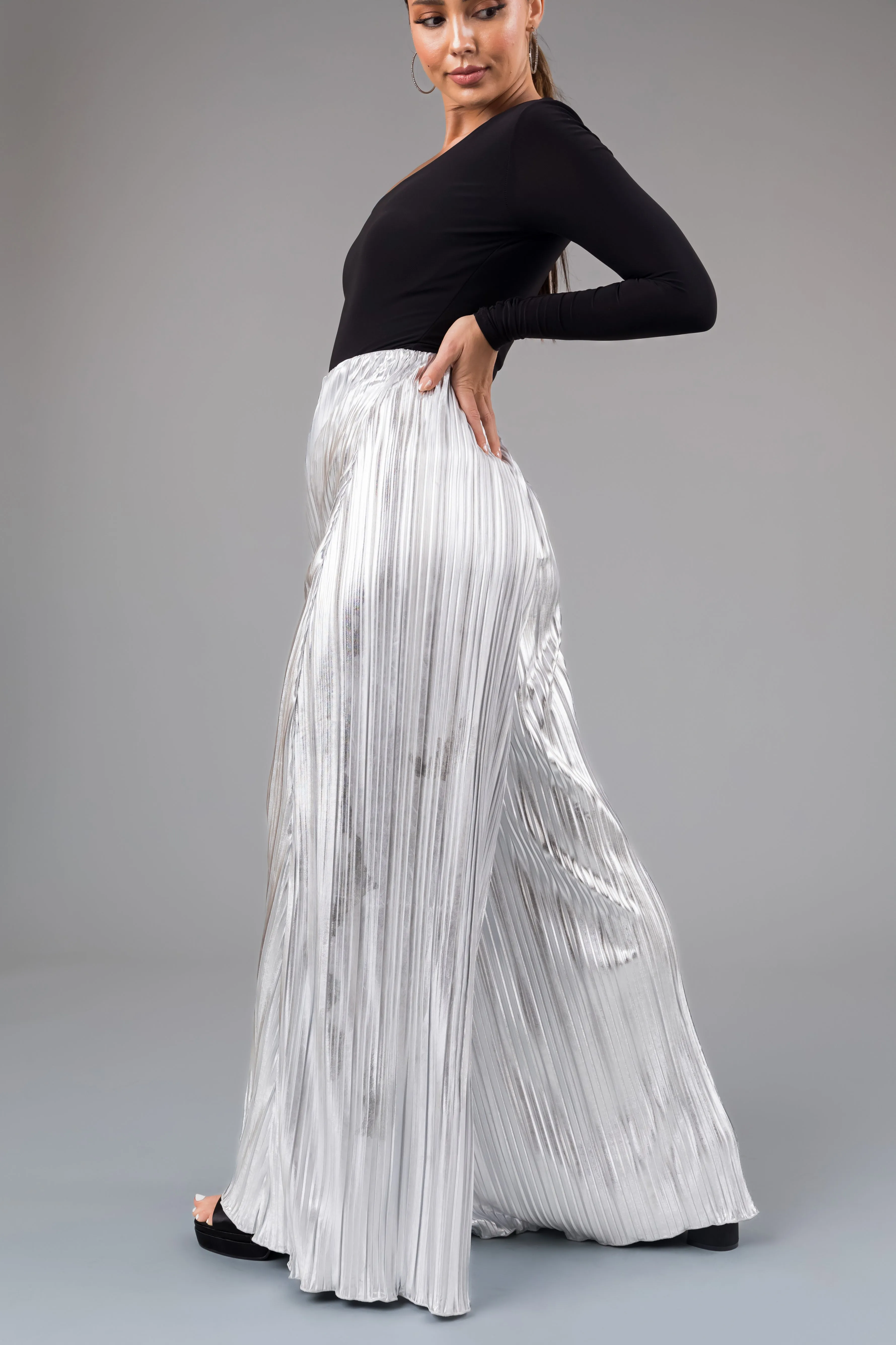 Silver Metallic Pleated Flare High Waist Pants