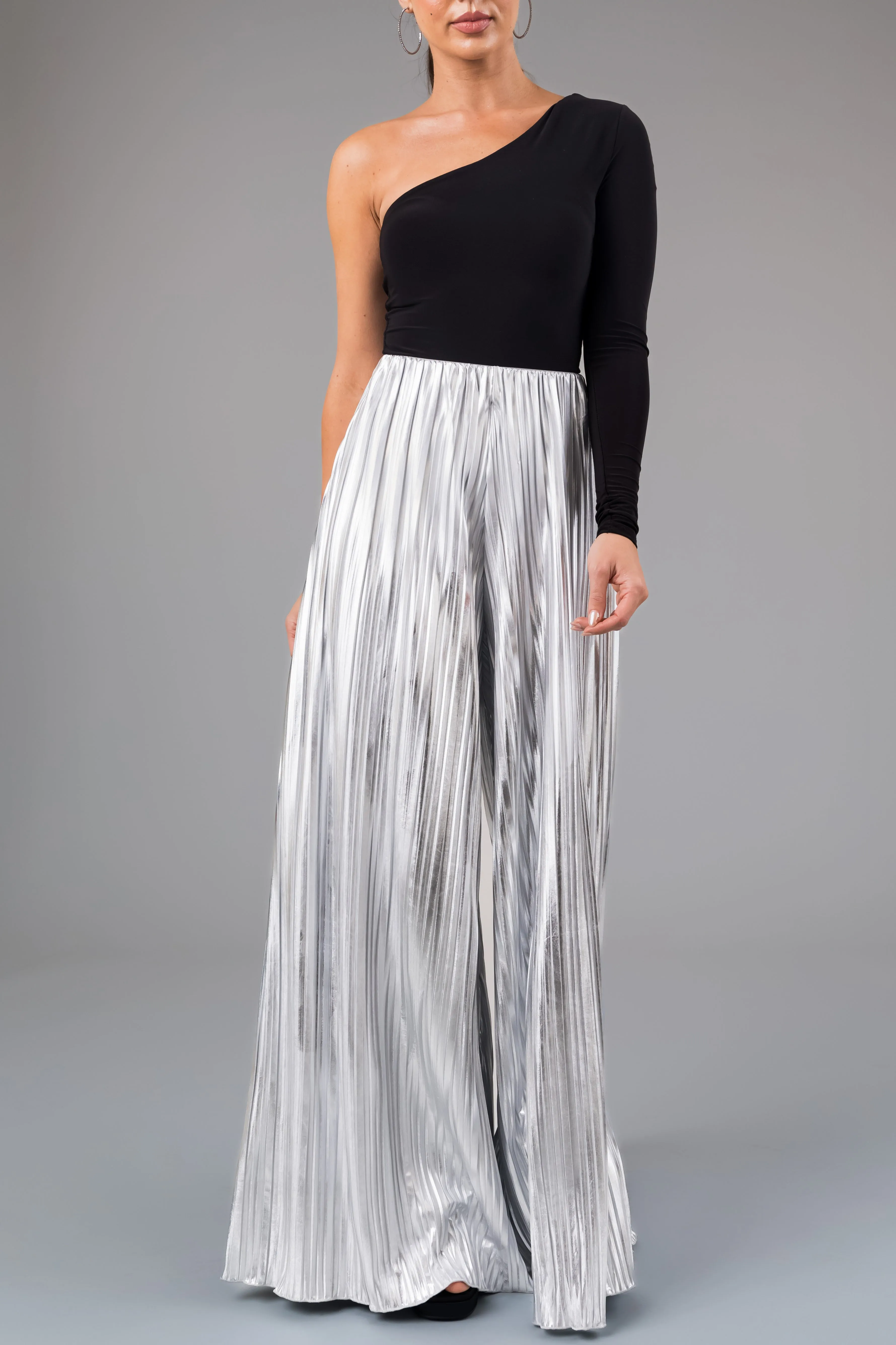 Silver Metallic Pleated Flare High Waist Pants