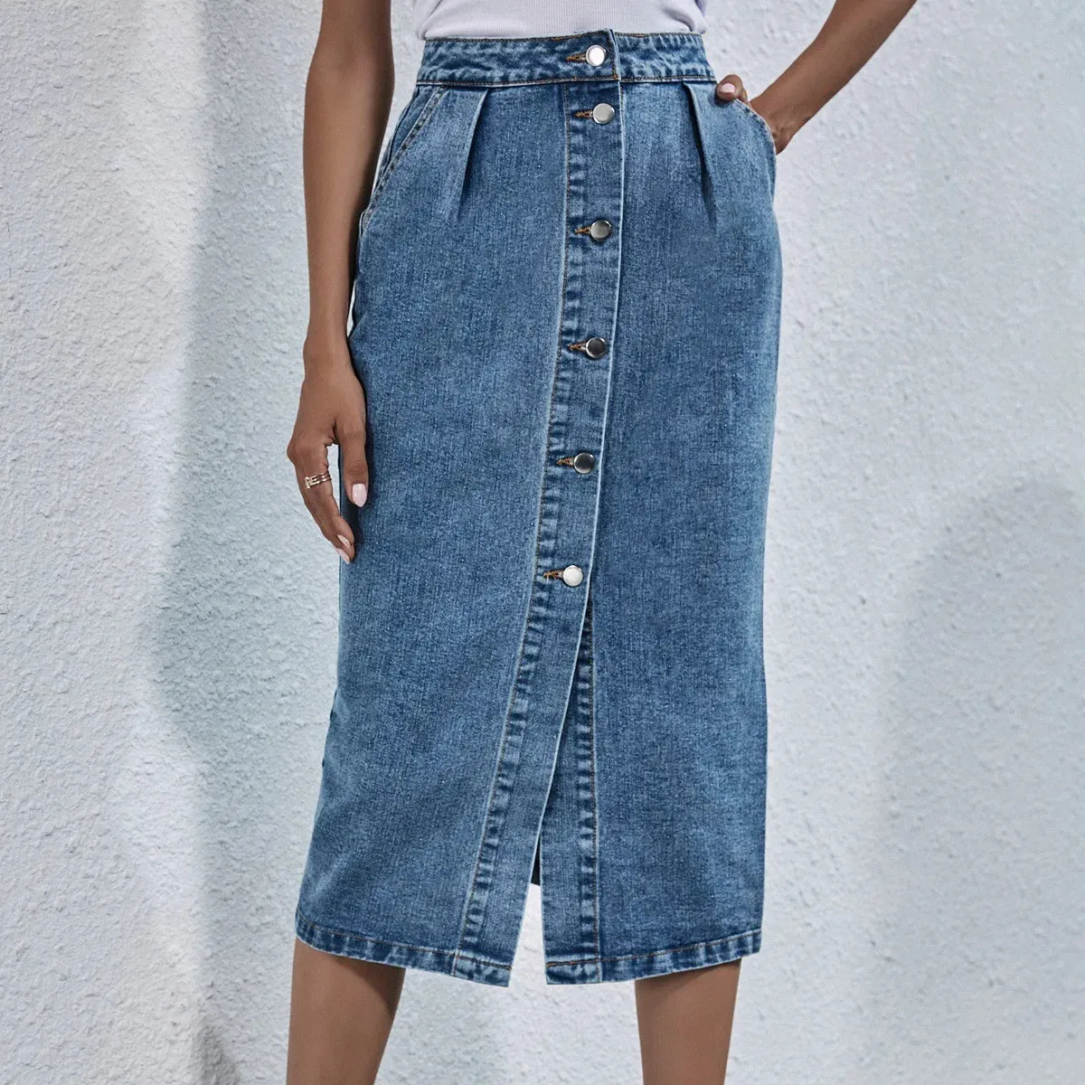 Single Breasted Casual Knee Length Straight Skirt