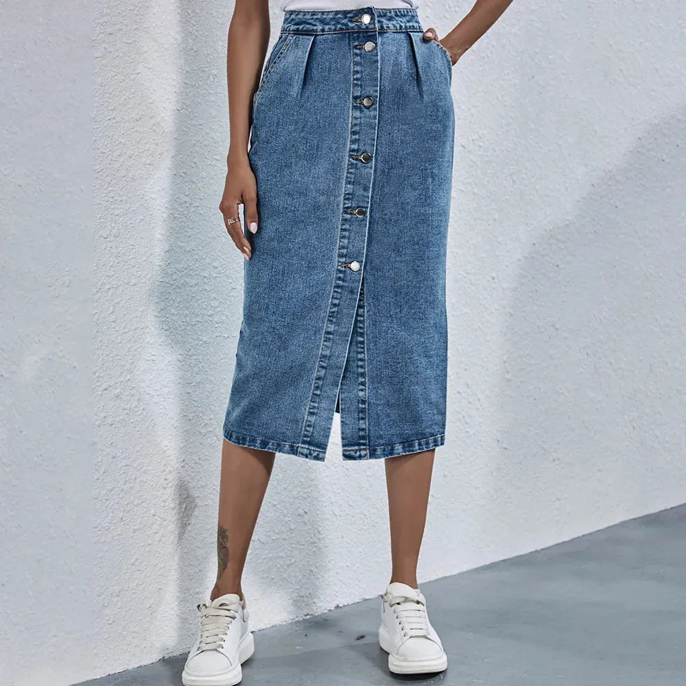 Single Breasted Casual Knee Length Straight Skirt