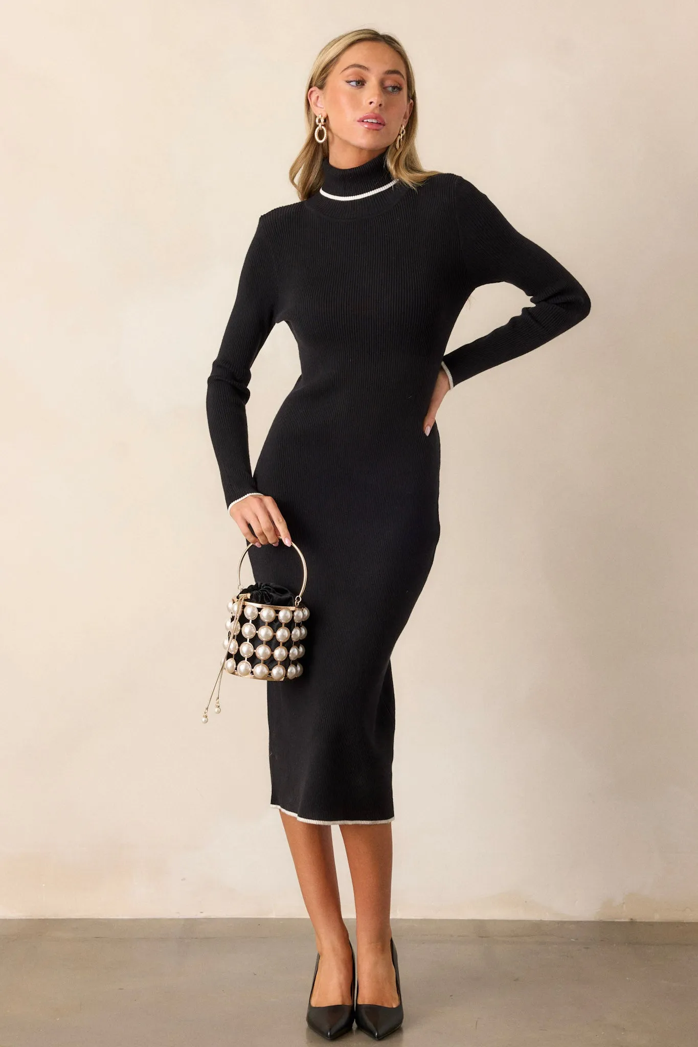 Sleek Chic Black Ribbed Midi Sweater Dress