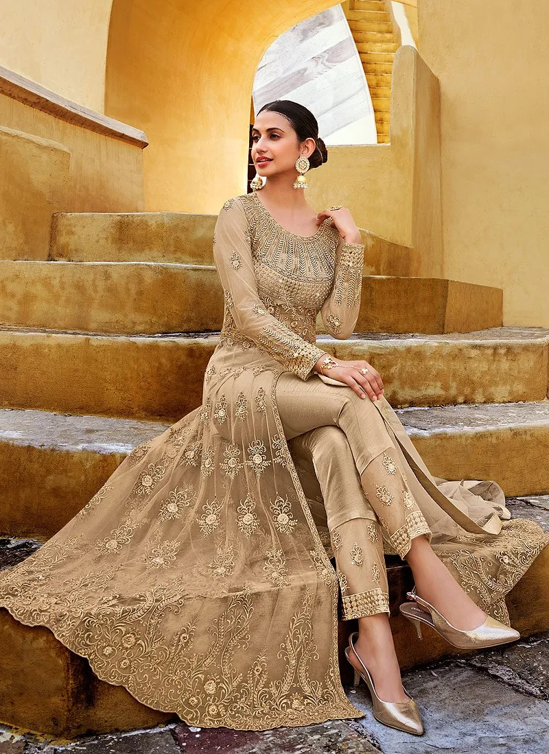 Slit Style Golden Beige Net Lehenga/Pant Style Anarkali Suit