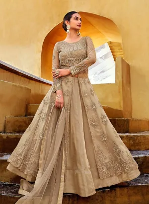 Slit Style Golden Beige Net Lehenga/Pant Style Anarkali Suit