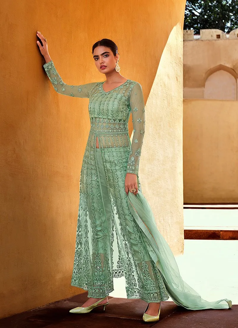 Slit Style Ocean Green Net Lehenga/Pant Style Anarkali Suit