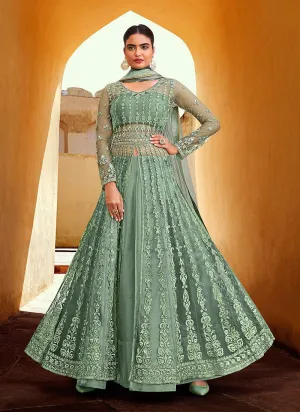 Slit Style Ocean Green Net Lehenga/Pant Style Anarkali Suit