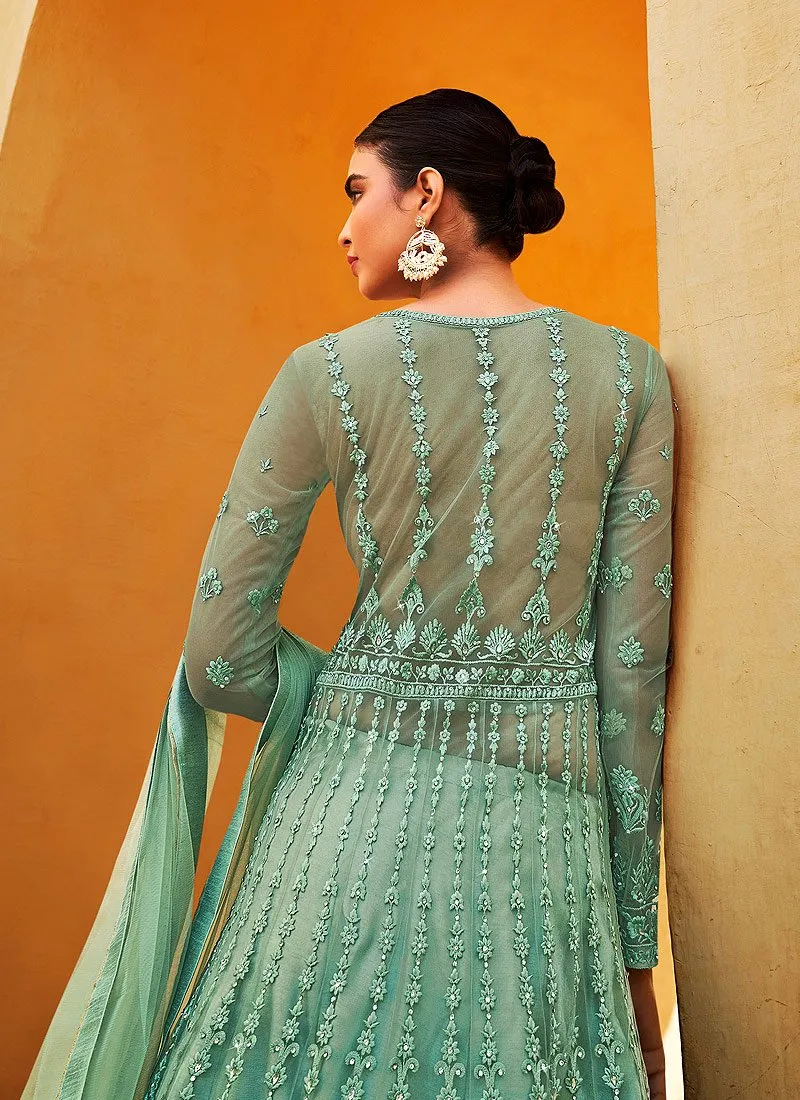 Slit Style Ocean Green Net Lehenga/Pant Style Anarkali Suit