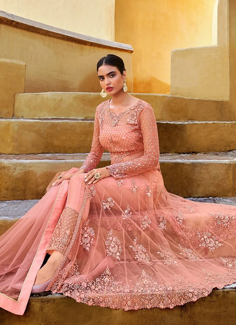 Slit Style Pretty Peach Net Lehenga/Pant Style Anarkali Suit