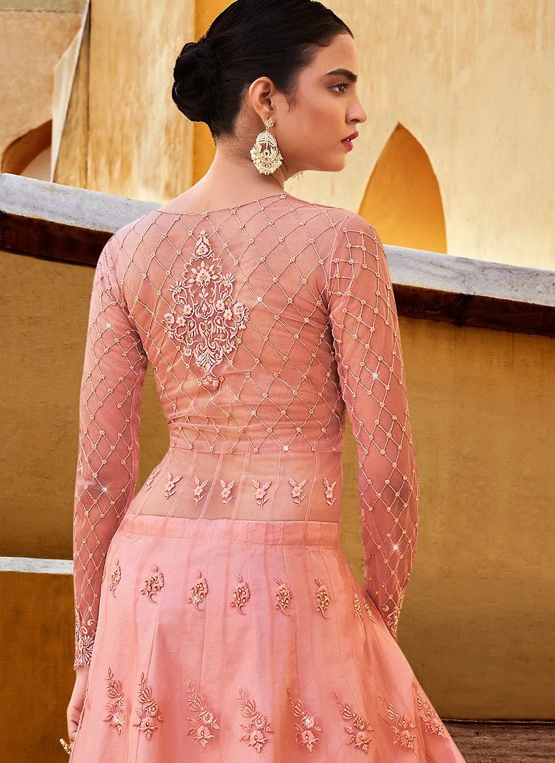 Slit Style Pretty Peach Net Lehenga/Pant Style Anarkali Suit