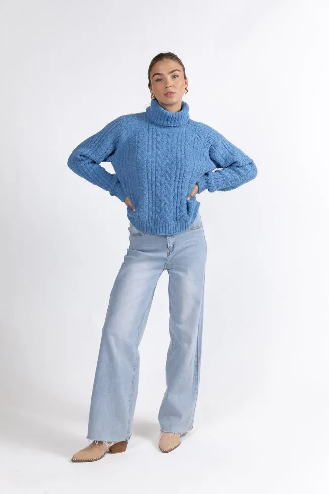 Snow Place Like Home Blue Fuzzy Cable Knit Turtleneck Sweater SALE