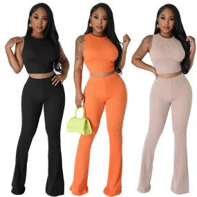 Solid color pit stripe sleeveless micro flared pants two-piece set AY2848