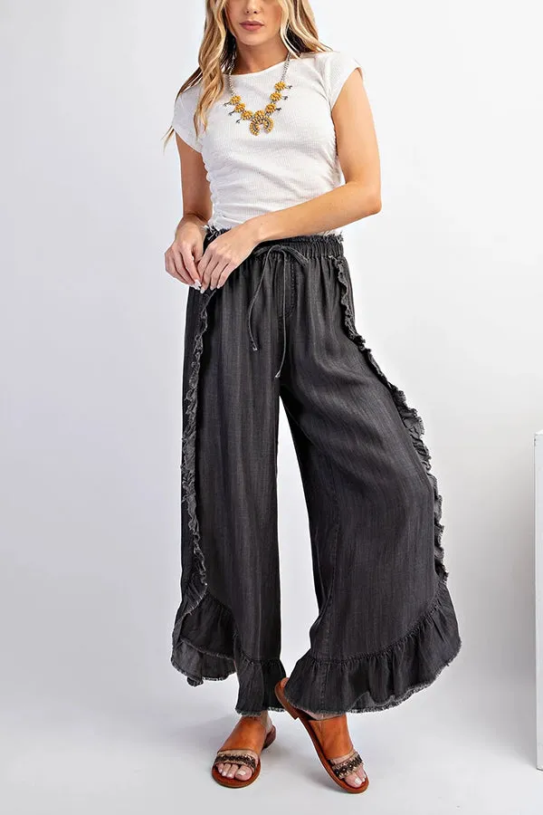 Solid Color Ruffled Elastic Waist Tie Loose Denim Flared Pants