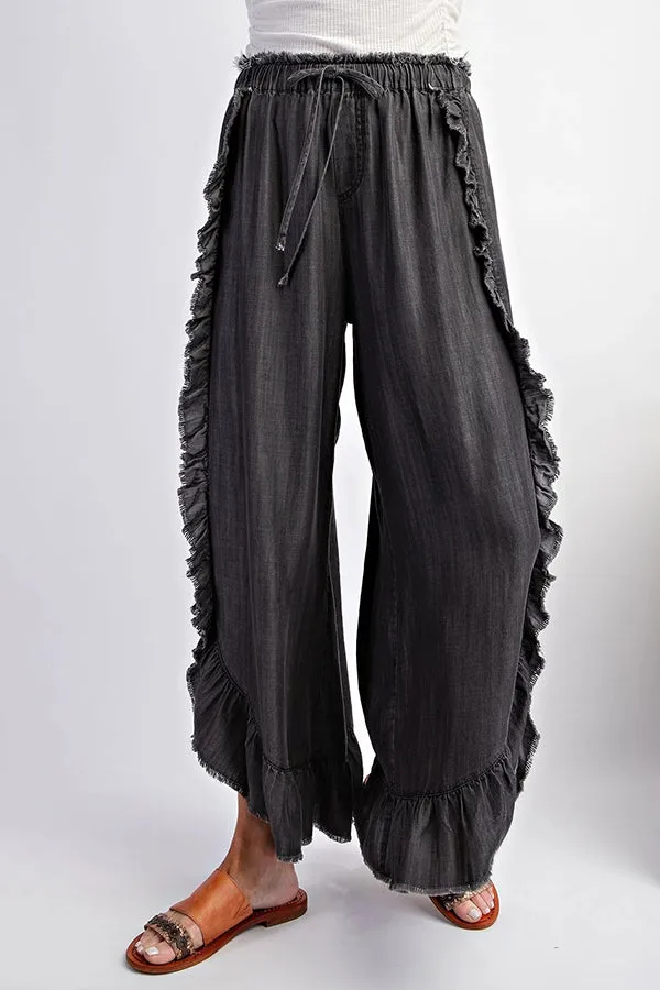 Solid Color Ruffled Elastic Waist Tie Loose Denim Flared Pants