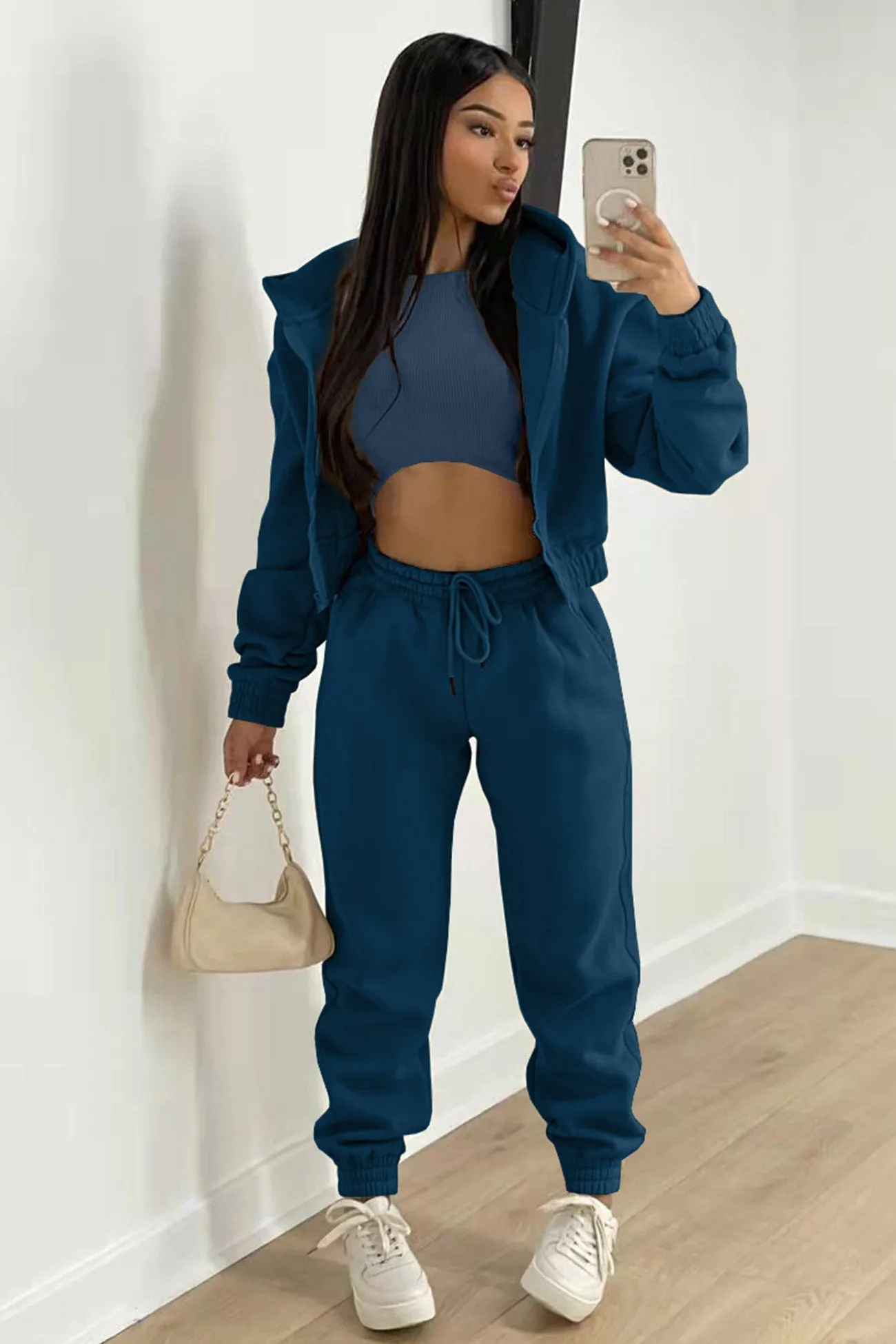 Solid Hoodie Vest Three-piece Pants Suits