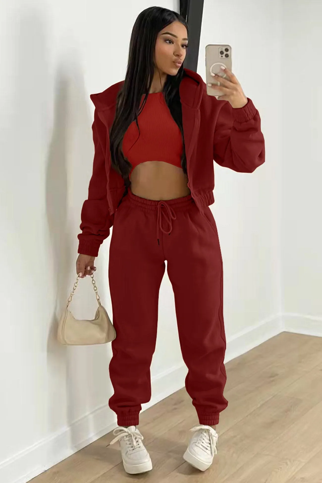 Solid Hoodie Vest Three-piece Pants Suits