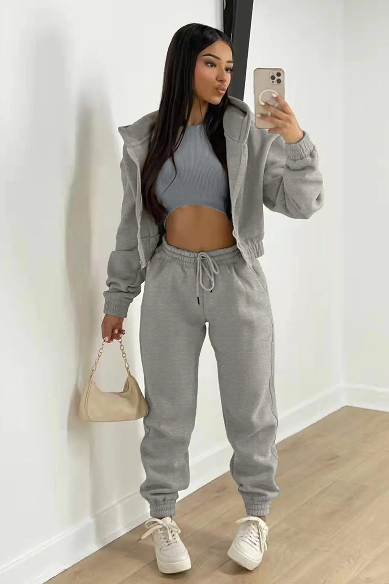 Solid Hoodie Vest Three-piece Pants Suits