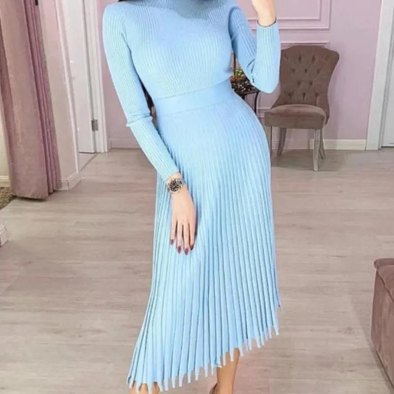 Solid O Neck Long Sleeve Elegant Striped Knitted Bodycon Dress