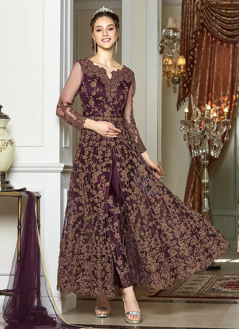 Soothing Maroon Embroidered Net Lehenga Style Anarkali Suit