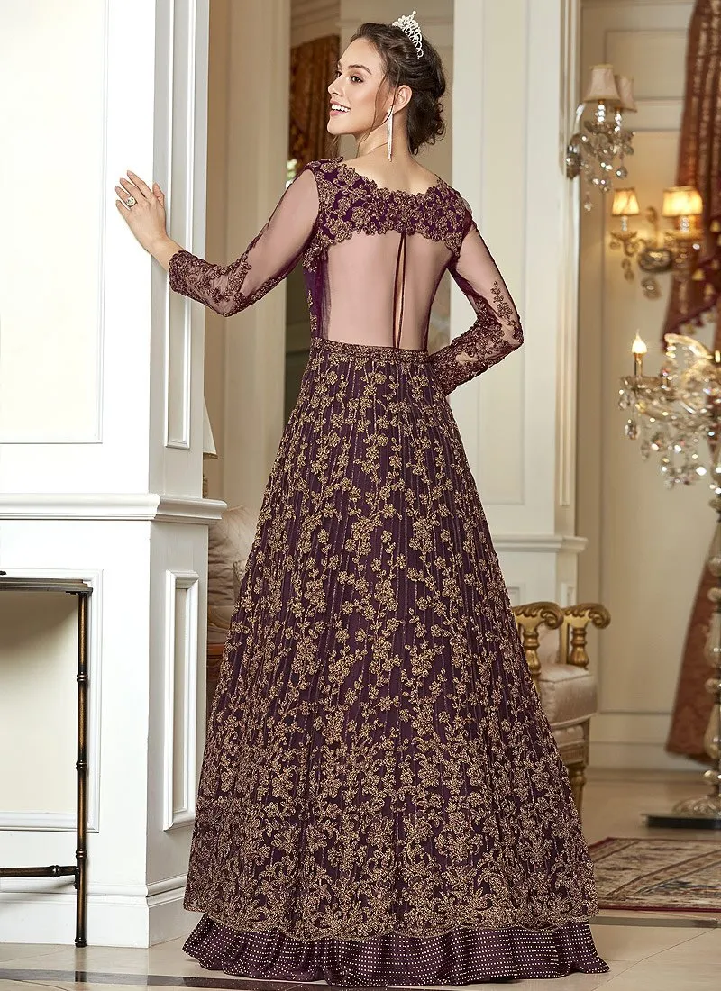 Soothing Maroon Embroidered Net Lehenga Style Anarkali Suit