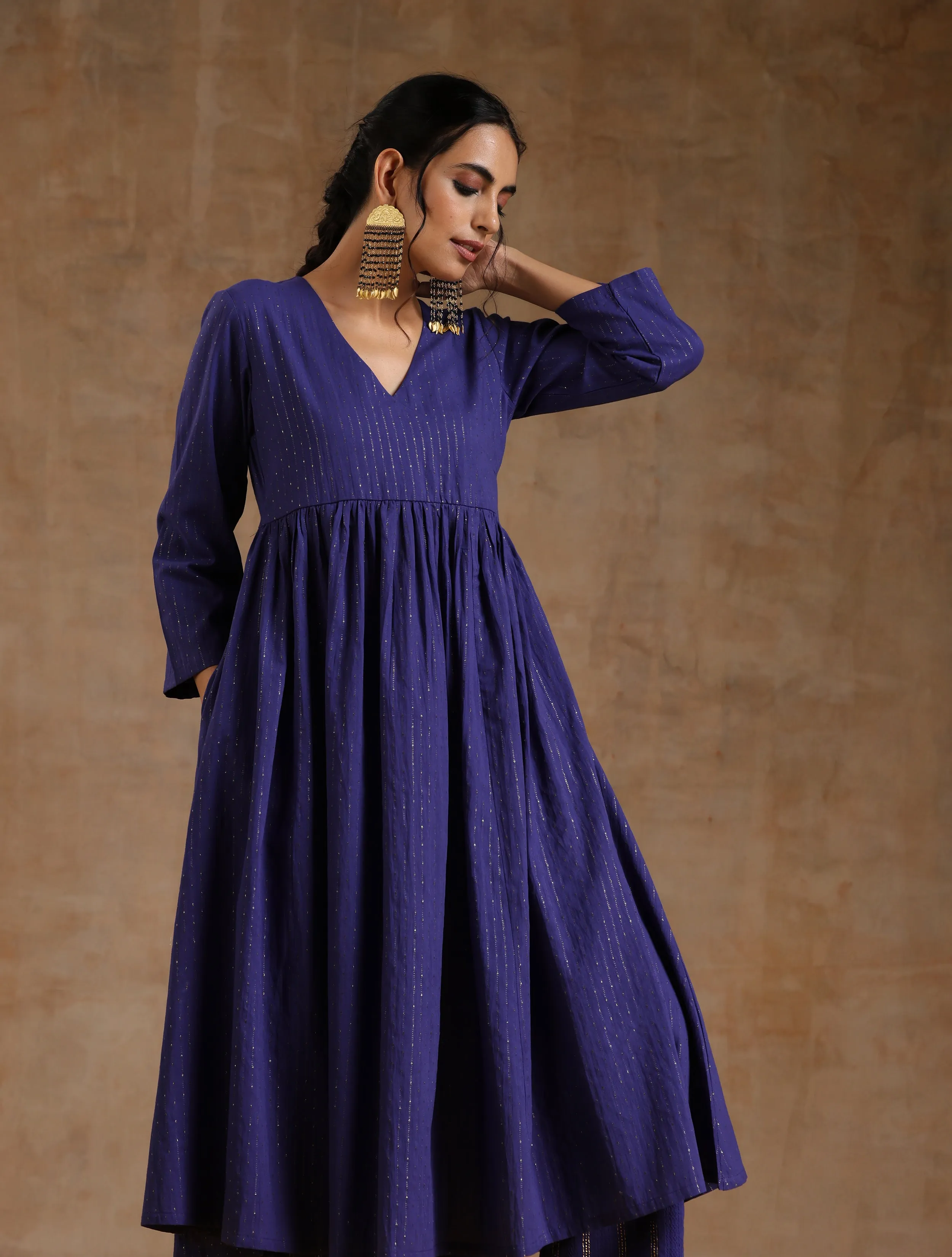 Spectrum Blue Gold Cotton Kalidar Kurta Set | Relove