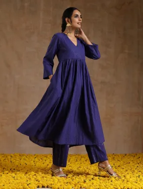 Spectrum Blue Gold Cotton Kalidar Kurta Set | Relove