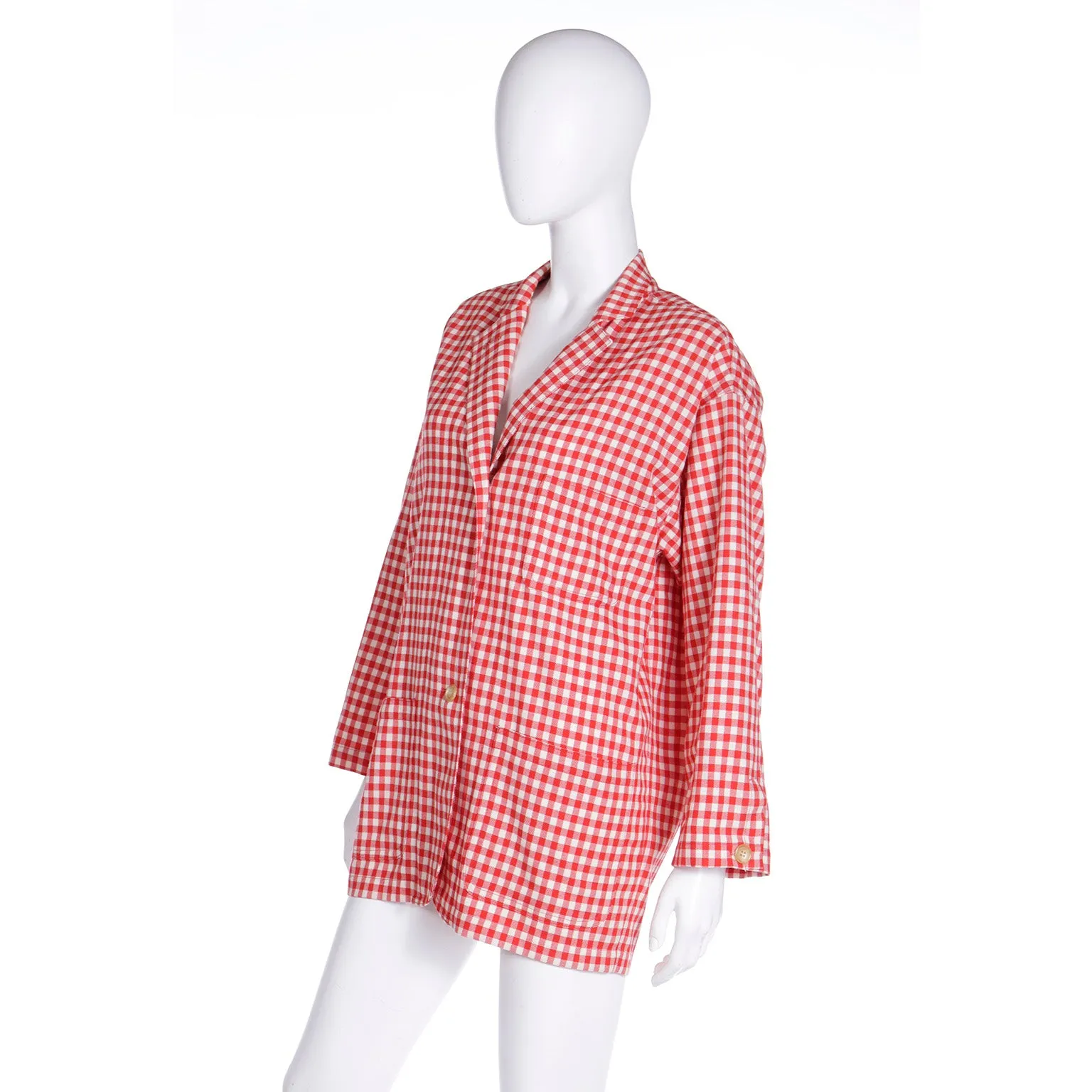 S/S 1989 Isaac Mizrahi Red Gingham Lightweight Shacket Jacket