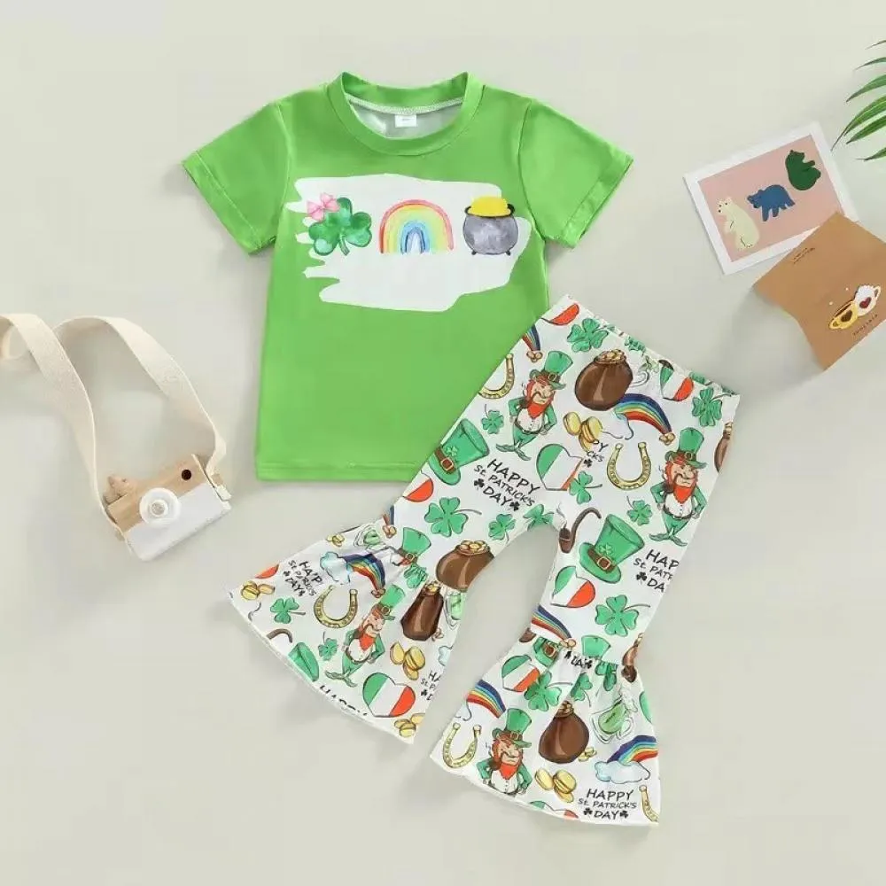 St. Patrick's Festival Girls Shamrock Printed T-Shirt Short Sleeve Flared Pants Set Wholesale Girls Clothes