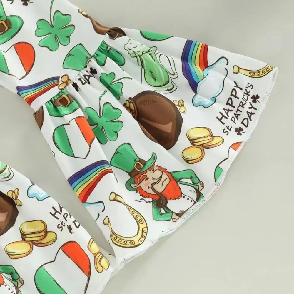 St. Patrick's Festival Girls Shamrock Printed T-Shirt Short Sleeve Flared Pants Set Wholesale Girls Clothes